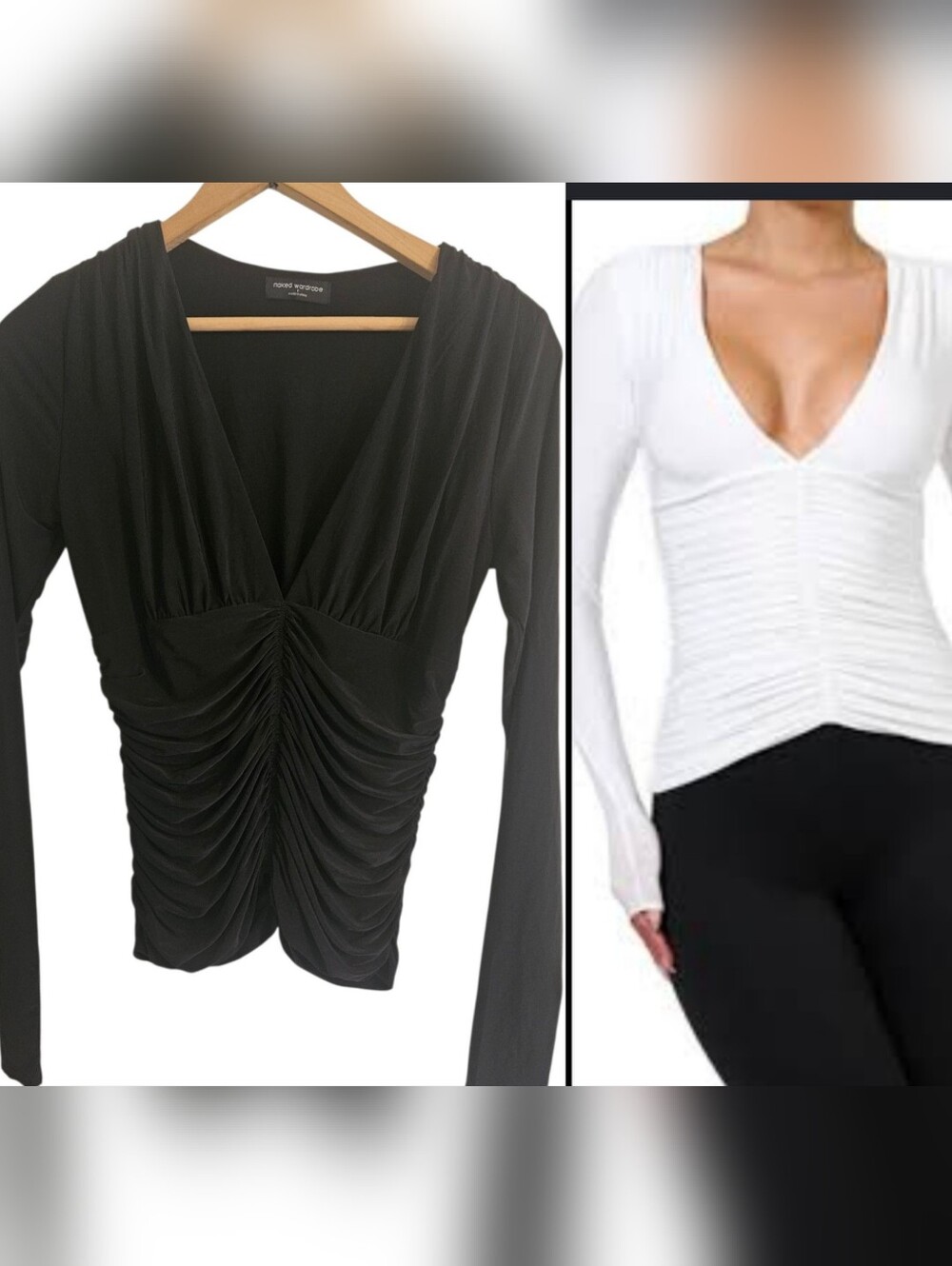 Naked Wardrobe Black Ruched Long-Sleeve V-Neck Top Sz L New